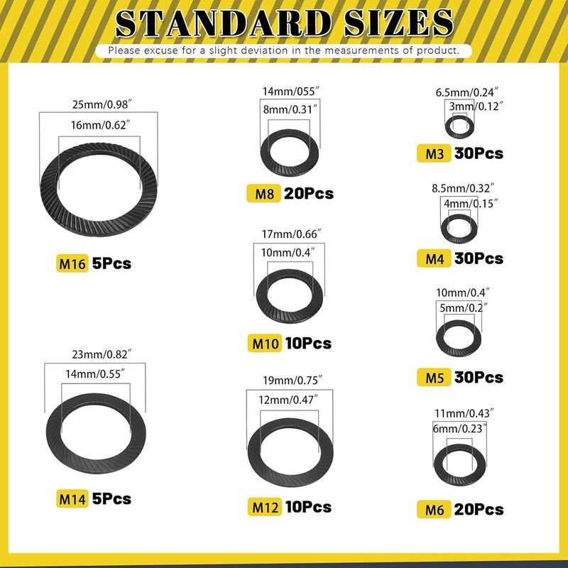 Mardatt 160Pcs M3 M4 M5 M6 M8 M10 M12 M14 M16 Double Side Wedge Locking Washer, Manganese Steel Conical Knurled Spring Washer, Vibration Resistant Safety Washers for Bolts - Image 2
